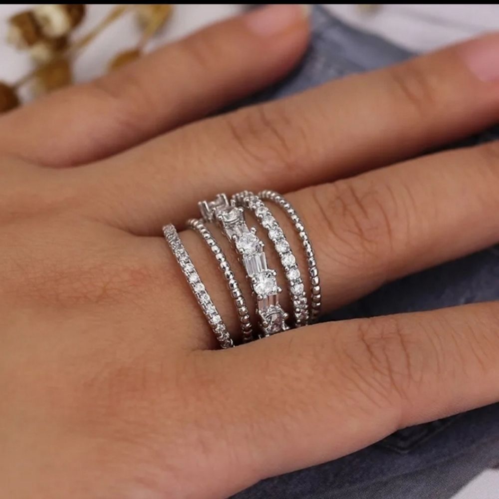 Crystal Multiband Stacked Silver CZ Stone Ring Pave Geometric Twine Multilayered